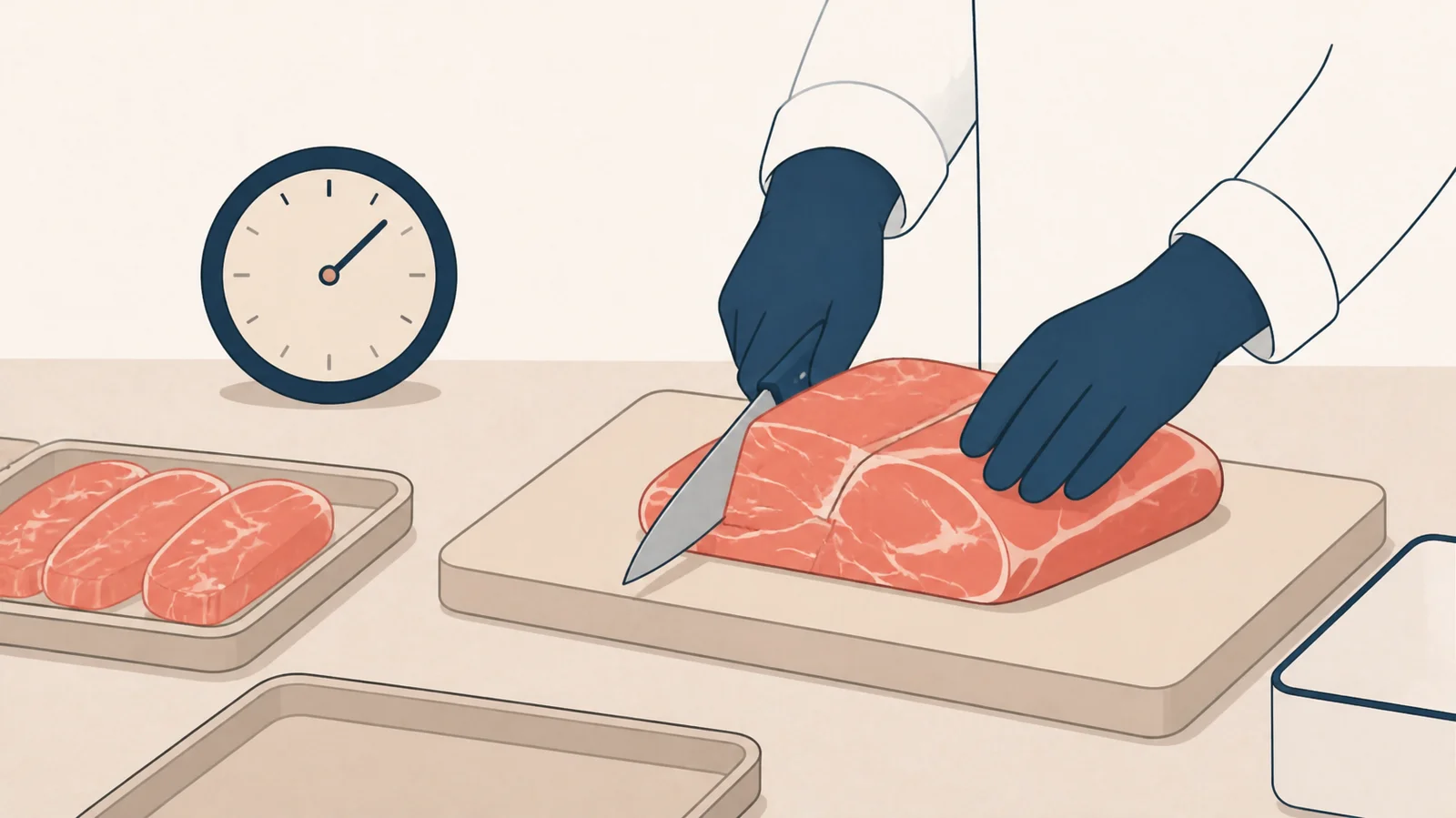 手袋を着けた作業者が肉を切り分けるイラスト
