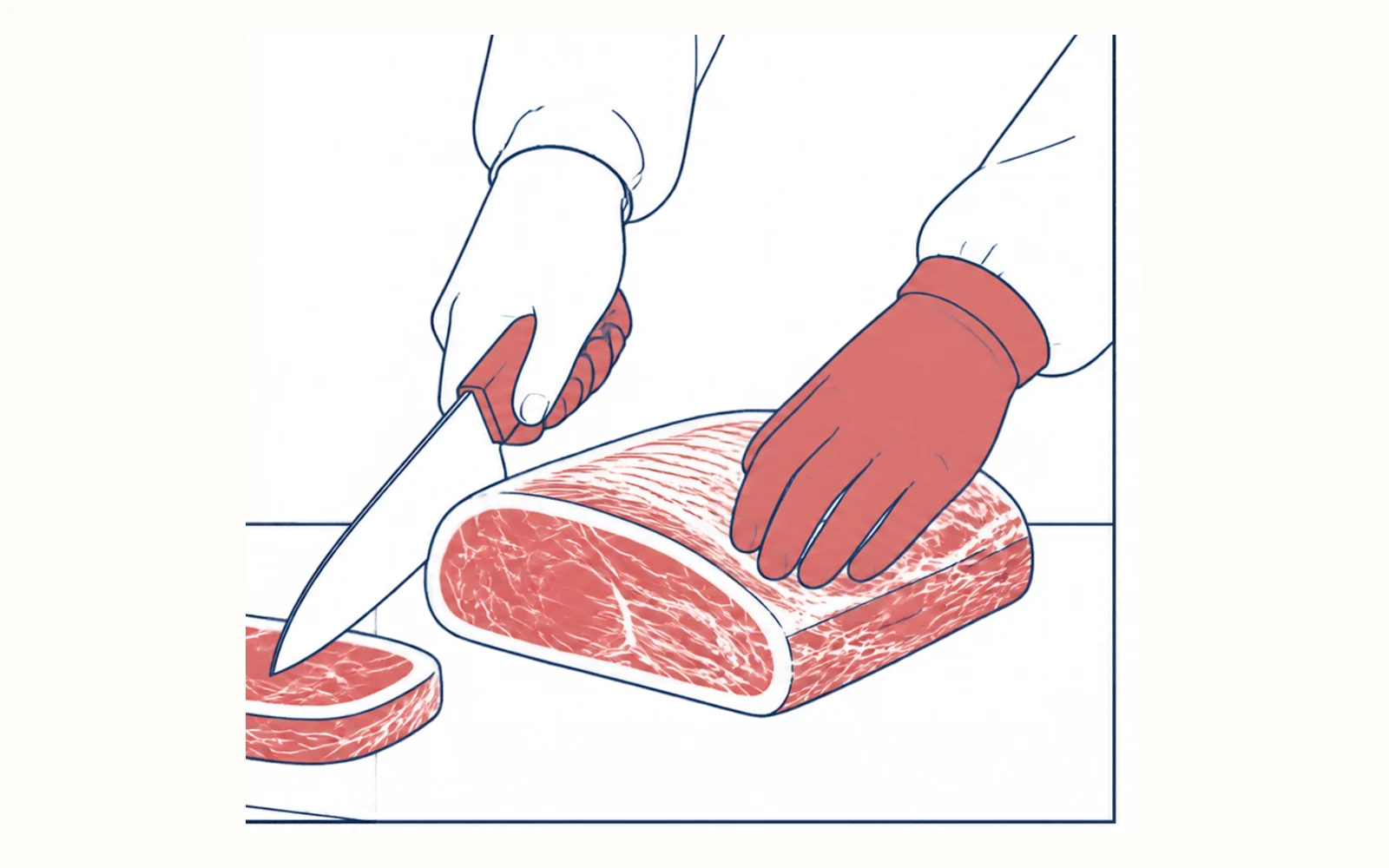 手袋を着けた作業者が肉を切り分ける手元