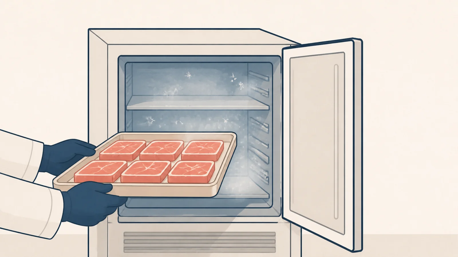 トレイに並べた肉を冷凍設備へ入れるイメージ