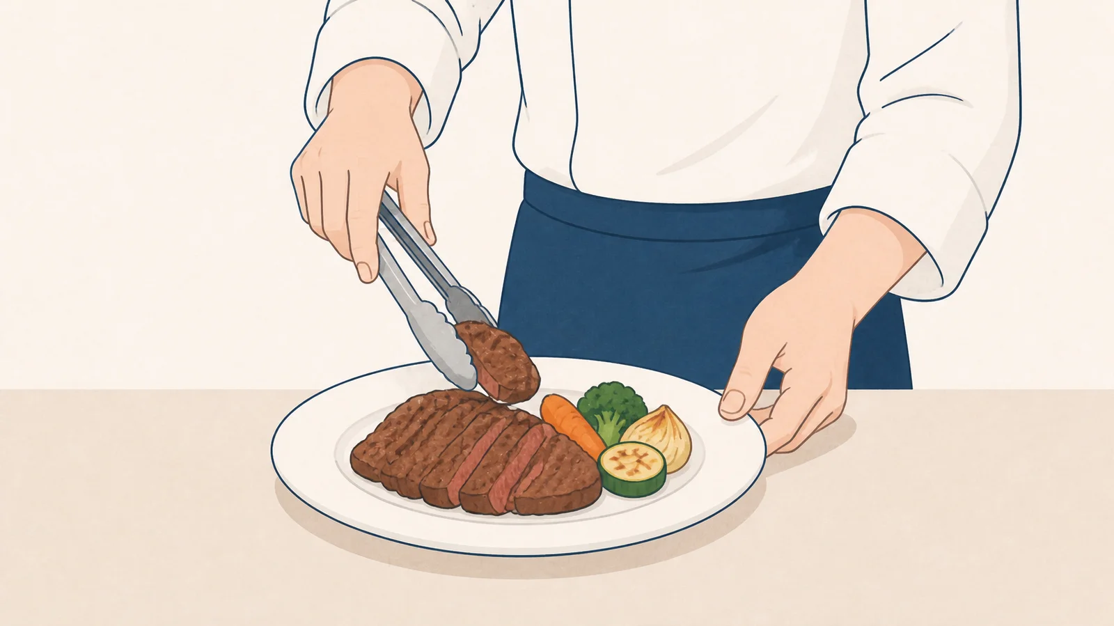 調理した肉を皿に盛り付ける手元