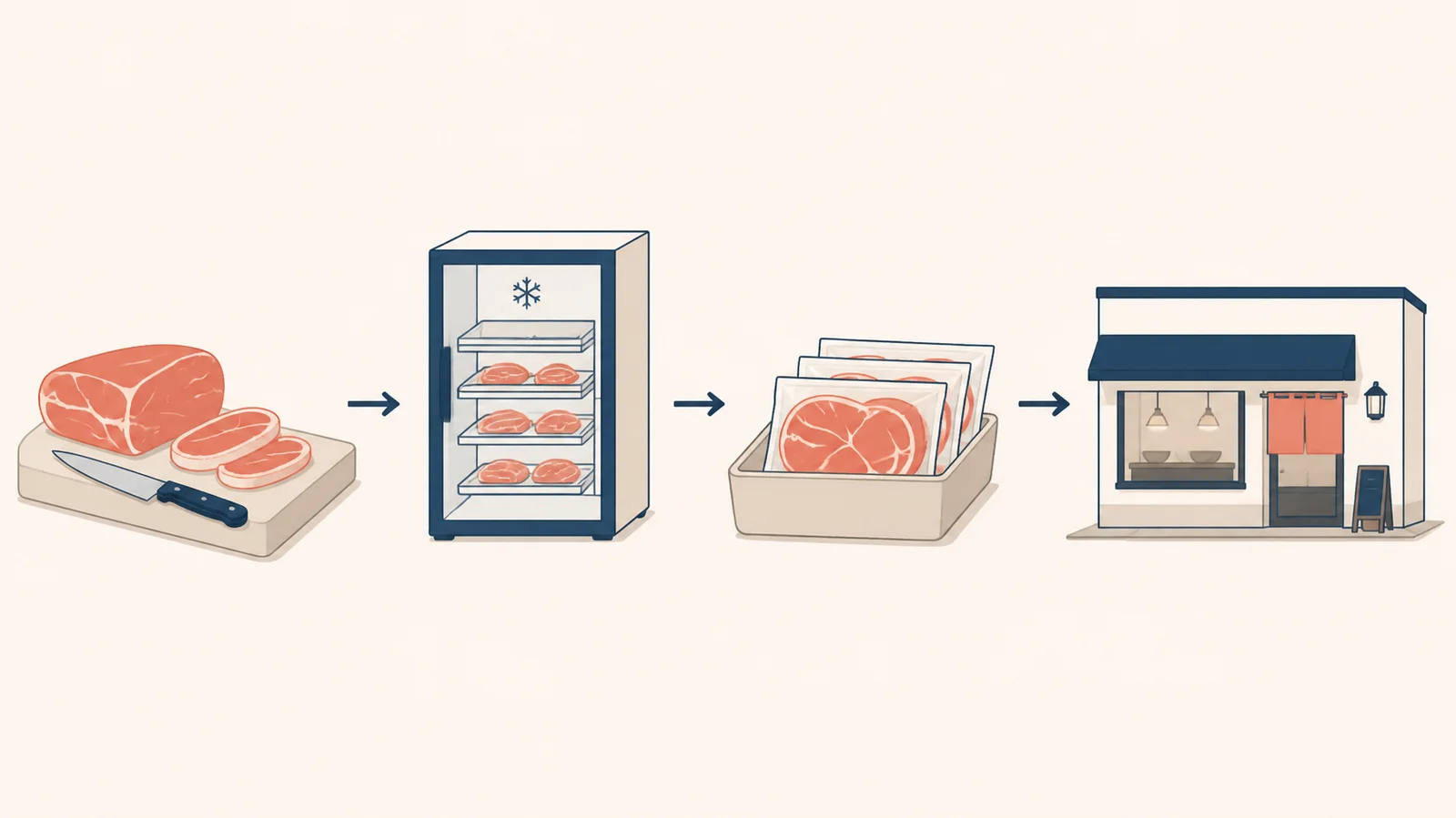 肉のカット、冷凍、包装、店舗までの流れを表すイラスト